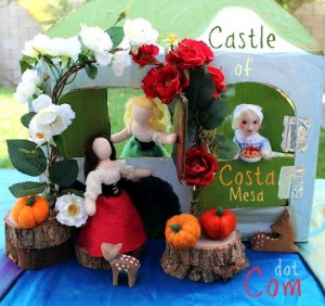 Once Upon a Time. Snow White, Rose Red and Old Widow in front of cottage.Post Pretty. Handmade Waldorf Fairy Tale puppet theater. CastleofCostaMesa.Com