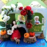 Once Upon a Time. Snow White, Rose Red and Old Widow in front of cottage.Post Pretty. Handmade Waldorf Fairy Tale puppet theater. CastleofCostaMesa.Com