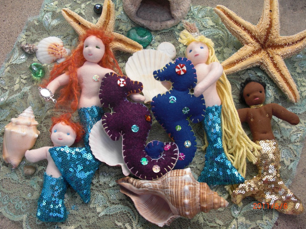 I made my love a seahorse. Handmade Waldorf felt seahorse kit and craft tutorial for children webpage. Free seahorse pattern template. Glittering handmade fairy tale sequin mermaid dolls for Waldorf Summer Seasons Table by CastleofCostaMesa. Mermaid Jora, Mondine and merbaby. 