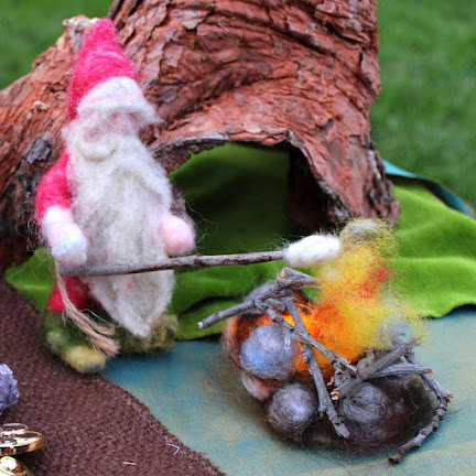 Grumpy Red Gnome square. Needle Felted dwarf roasting marshmellows in an open fire pit. Waldorf Fall Autumn Seasons Nature Table Doll. Craft Tutorials on CastleofCostaMesa.com