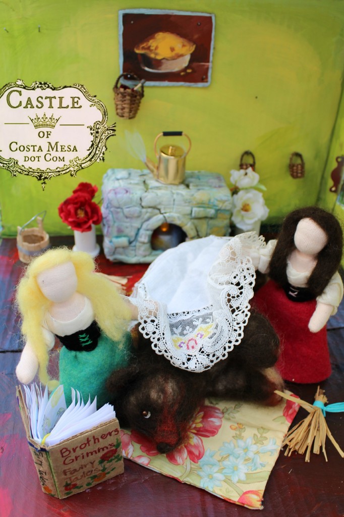 111104 Snow White and Rose Red sisters reading and tuck in grizzly bear with doily in warm hearth 2