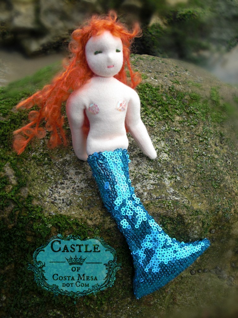 110422 Handmade Waldorf doll Mermaid Mondine sitting on a sea moss covered rock 2