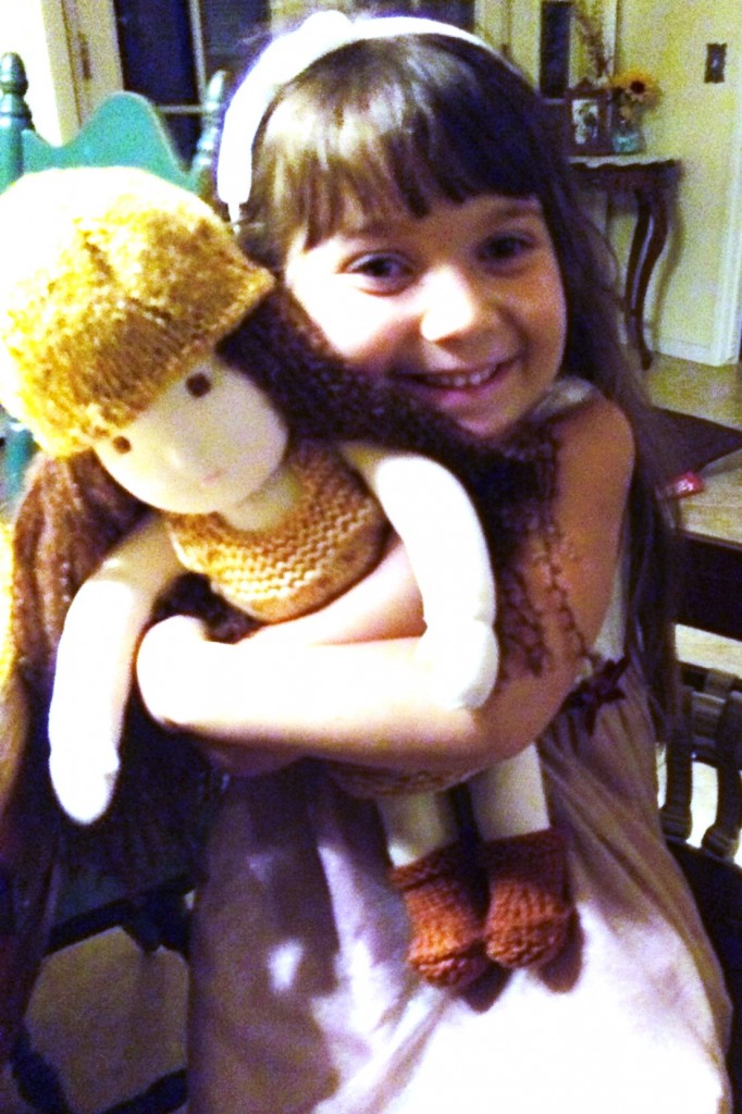 140121 Lisa's 5 year old Joy so happy to receive 16" Waldorf doll handmade by mommy.