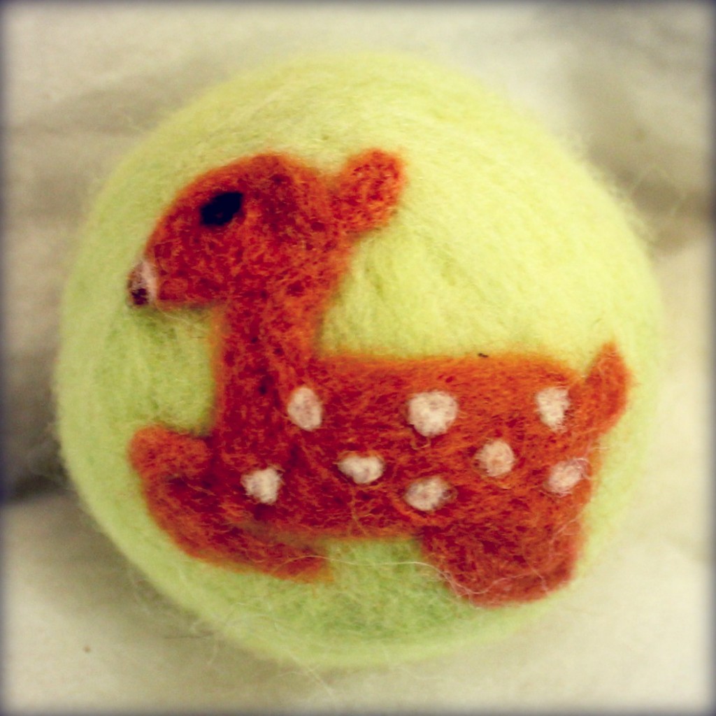 121205 Gloria's needle felted fawn on felted ball for Winter Festival Elves Workshop Room