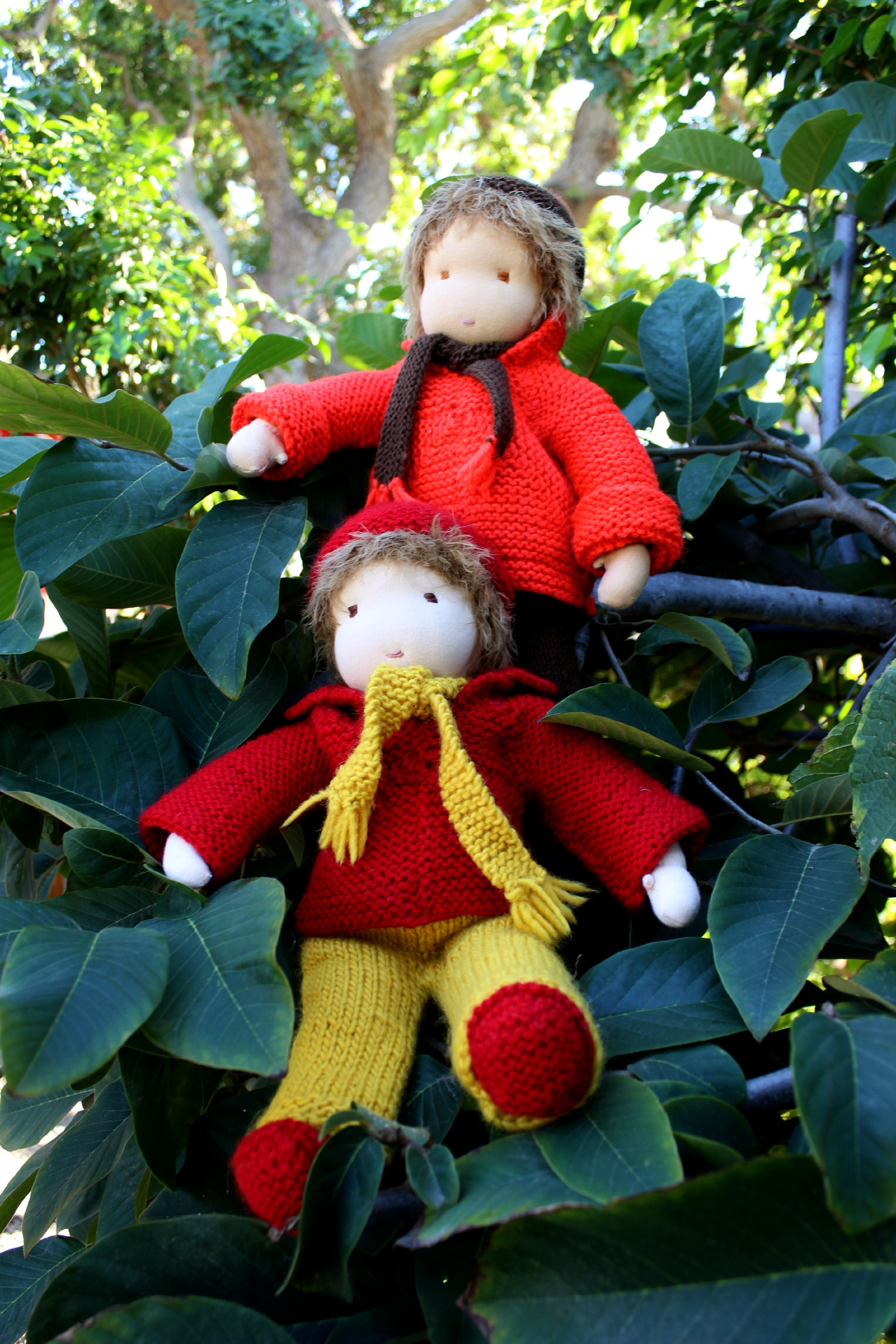 121219 Two 16 inch Waldorf cuddle boy dolls handmade by Christine Newell on cherimoya tree