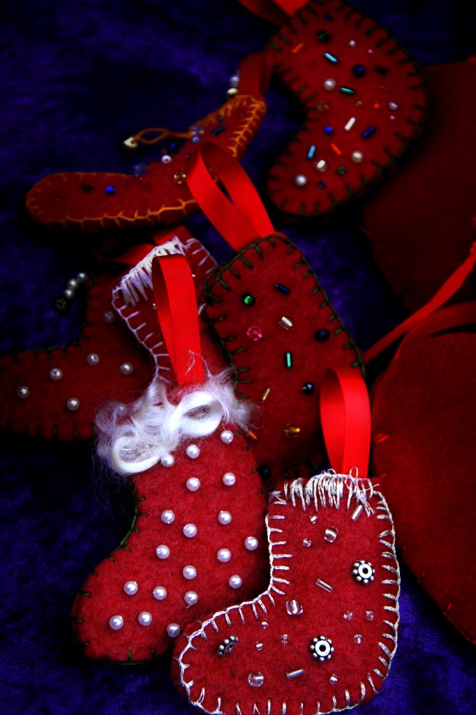 beaded felt stocking christmas tree ornaments for Waldorf School Winter Festival