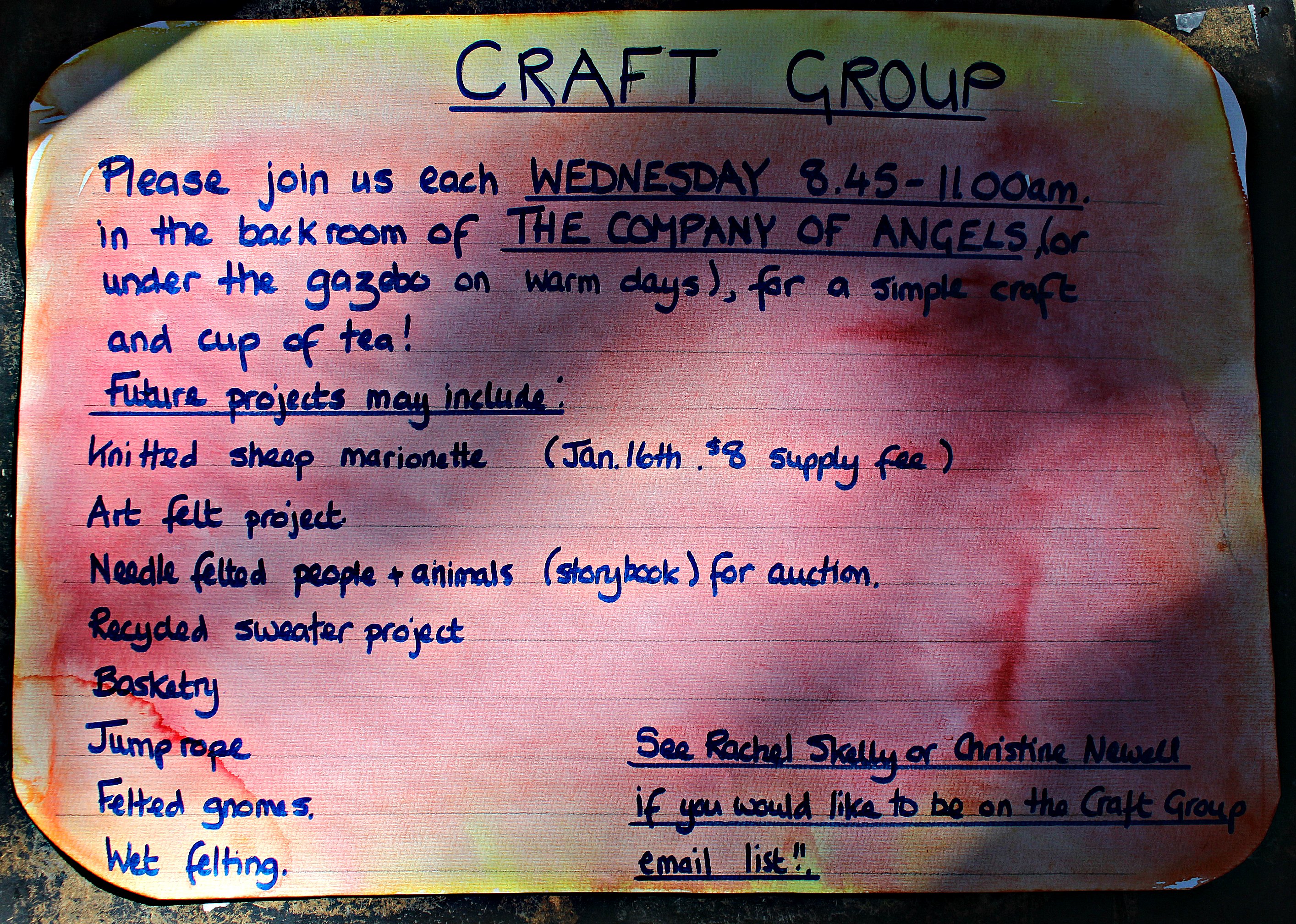 130116 Craft Group Schedule outside of the Company of Angels Store