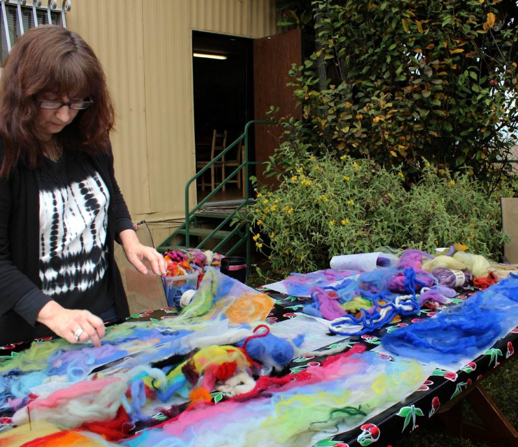 130123 Julie, colorful wool roving, yarn and Artfelt scarves in the making 2