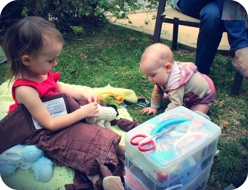 130123 Lucy and Gus playing on a blanket at craft group 3