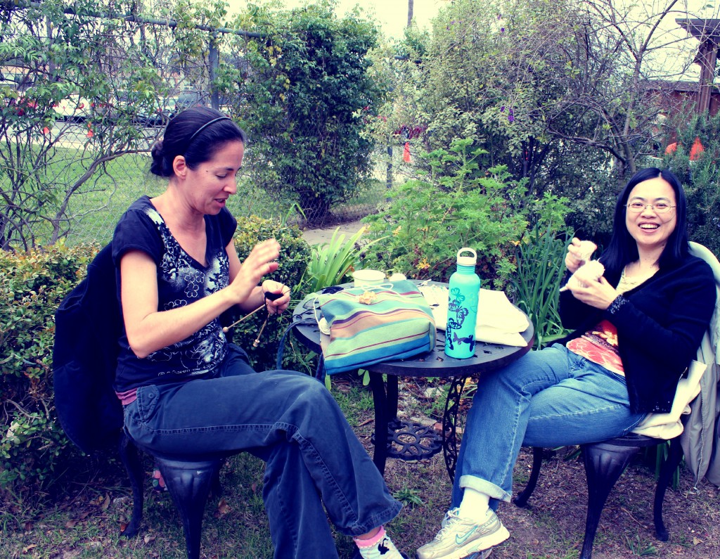 130123 Rebecca and Josephine Knitting in the garden 2