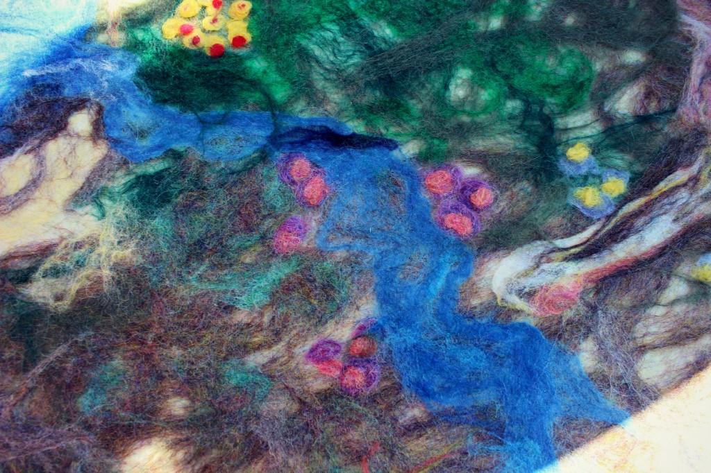 130130 Newly wet-felted Enchanted Woodland playscape showing meandering stream with spring flowers