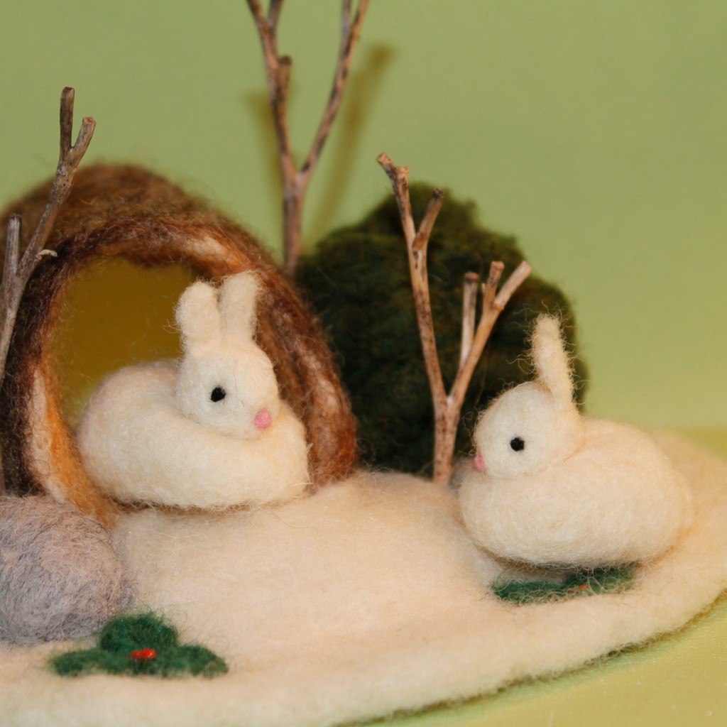 Enchanteddolls on Etsy.com Winter Snow Bunnies in a Log-needle felted scene