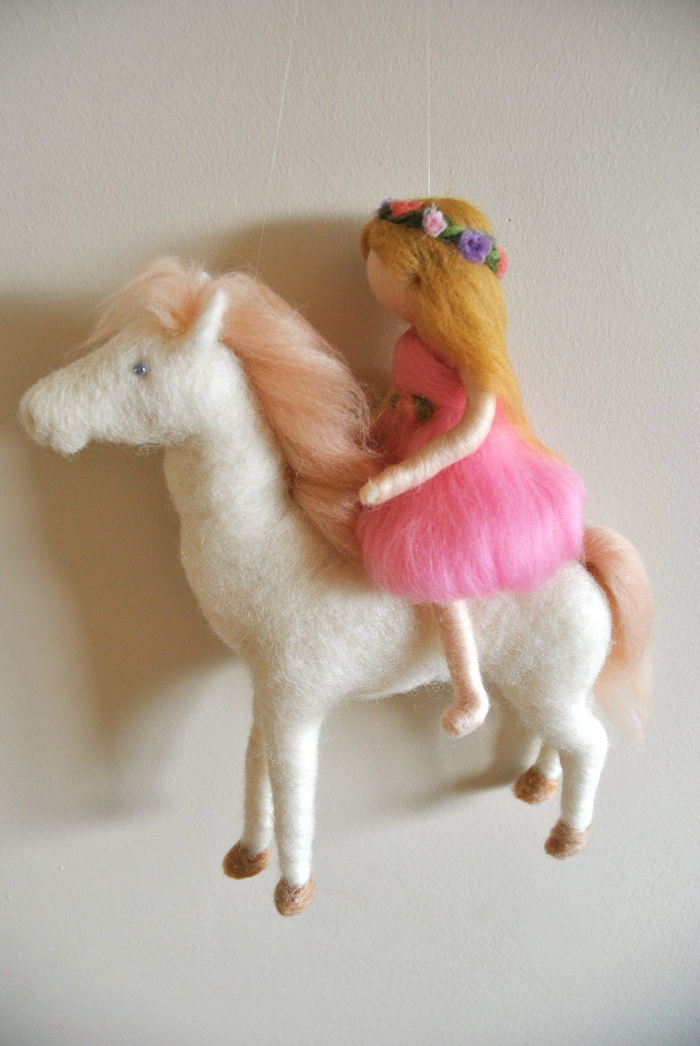 MagicWool Waldorf inspired needle felted doll mobile. The Girl in Pink and the White Horse on Etsy