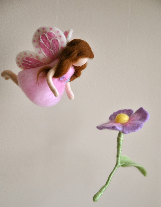 MagicWool Waldorf inspired needle felted girl mobile. Butterfly fairy with light purple flower on Etsy