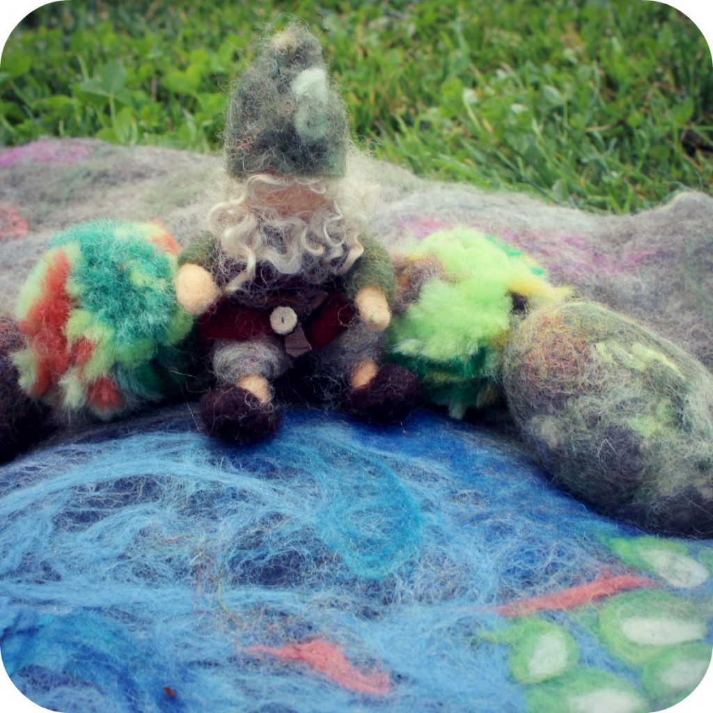 130205 Gisela's felted gnome by a fish pond wet-felted playscape