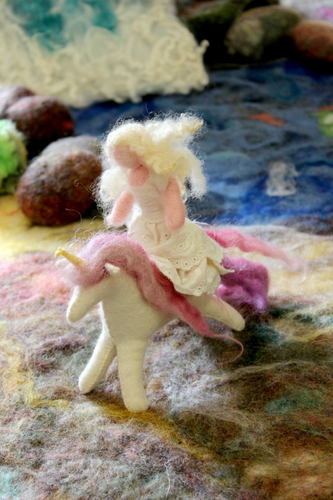 130205 Jzin's handmade miniature needle-felted Princess riding a pink maned felt unicorn handmade by Renuka