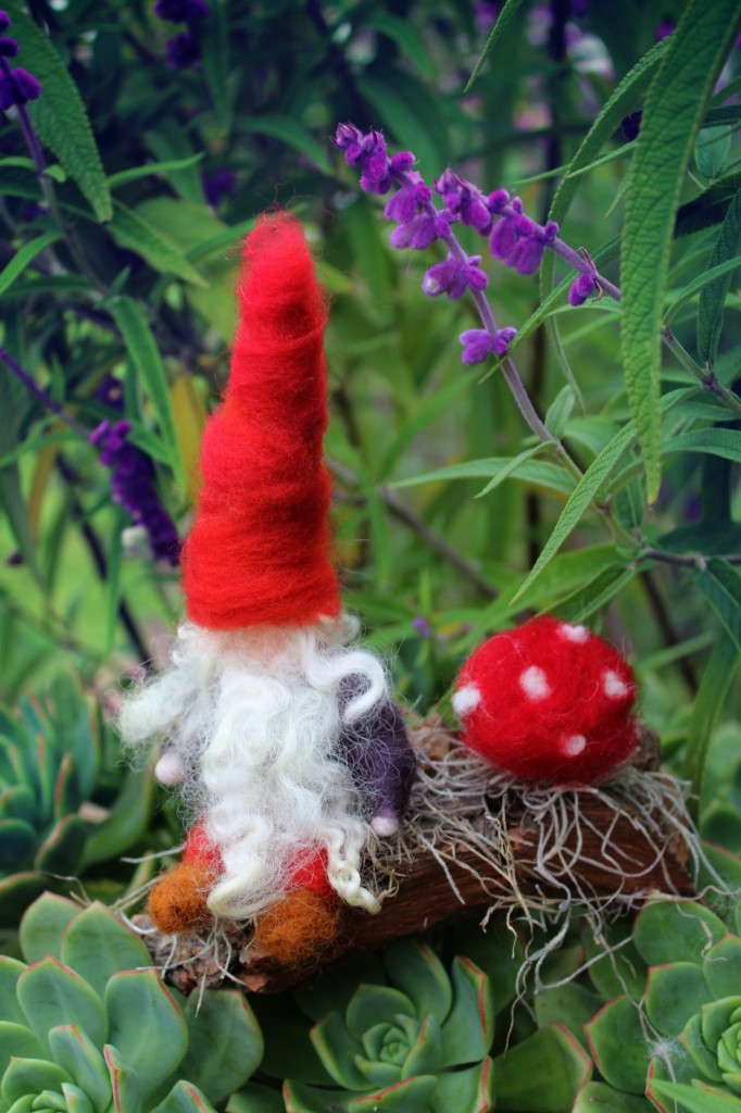 130205 Rachel Skelly's Needle-felted Gnome with Toadstool in Springtime on a cloudy day