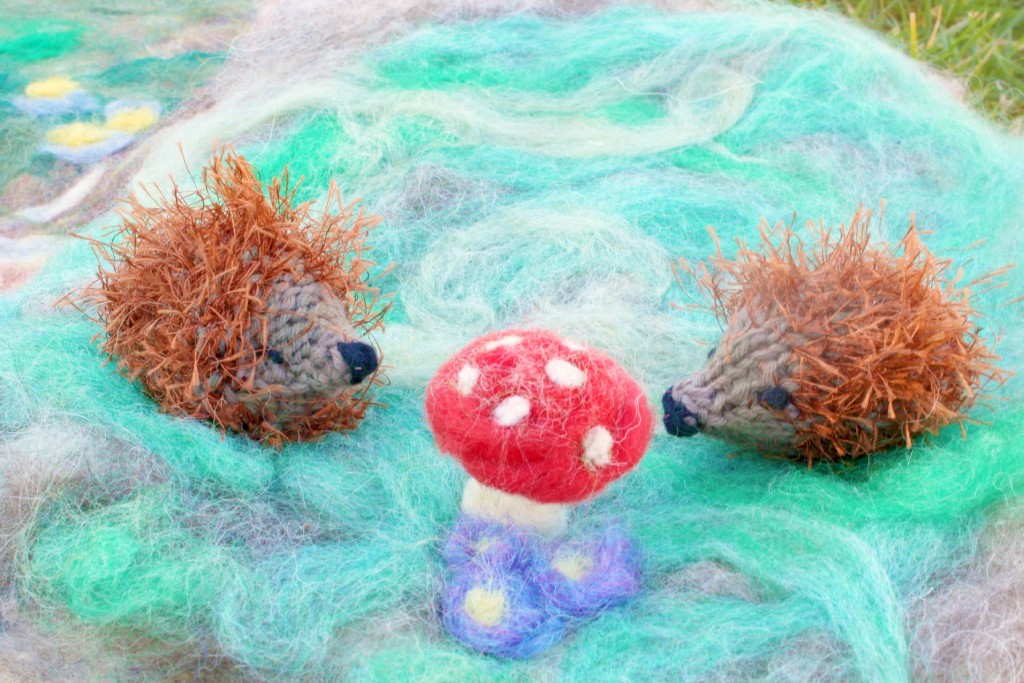 130213 Christine's knitted hedgehog and Julie's toadstool