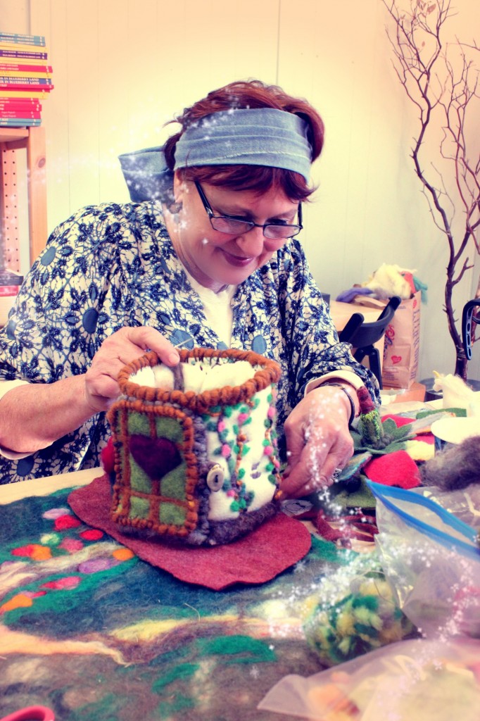 130213 Gisela adding brown felt base to felt cottage 2