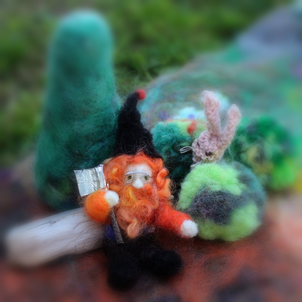 130227 The needle-felted technology gnome with axe and bunny rabbit