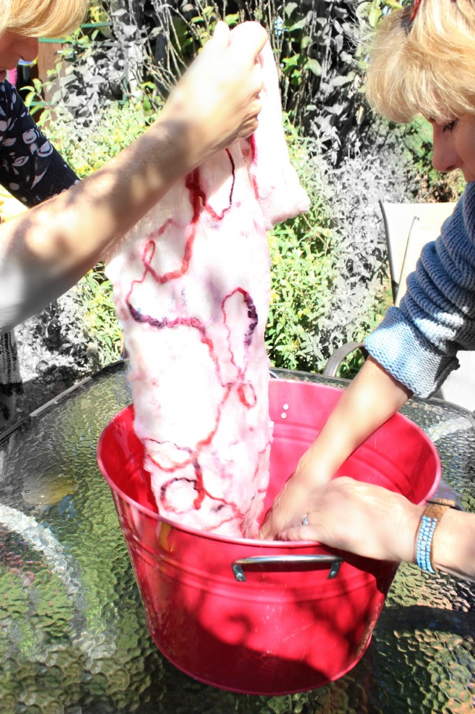 130227 Washing off Artfelt paper with boiling water in a red bucket
