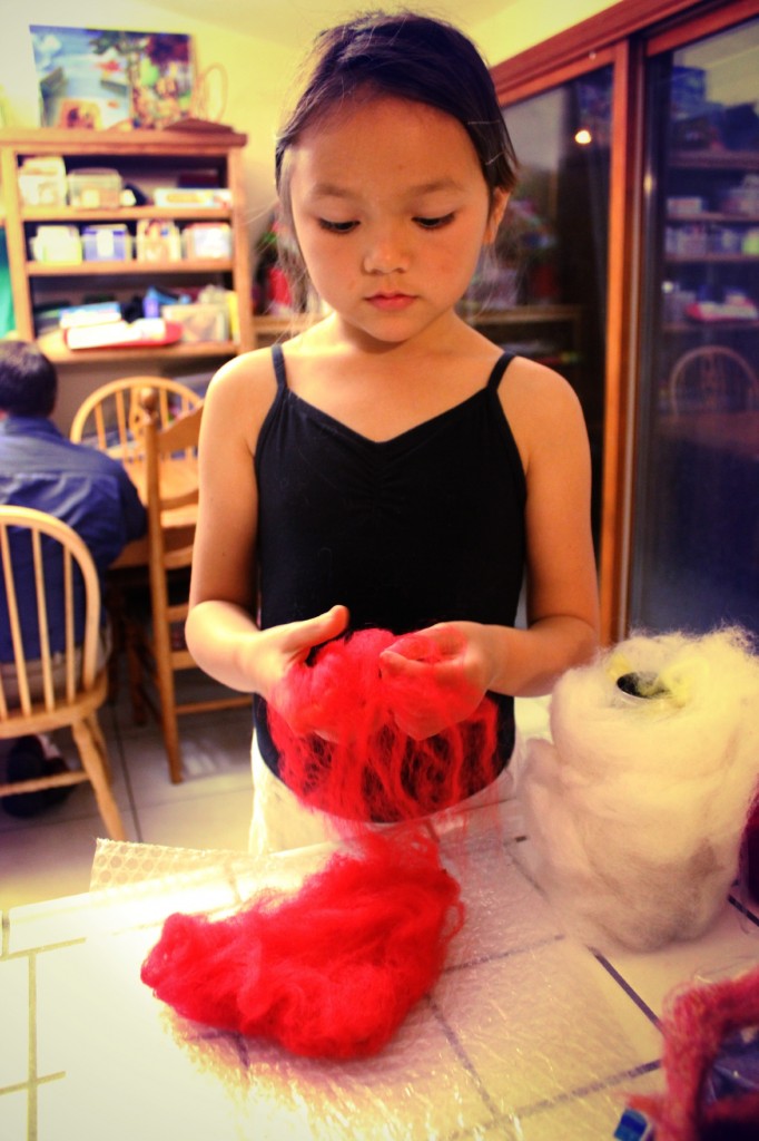 130326 Nunu layering thin flat layer of red felt on toadstool house