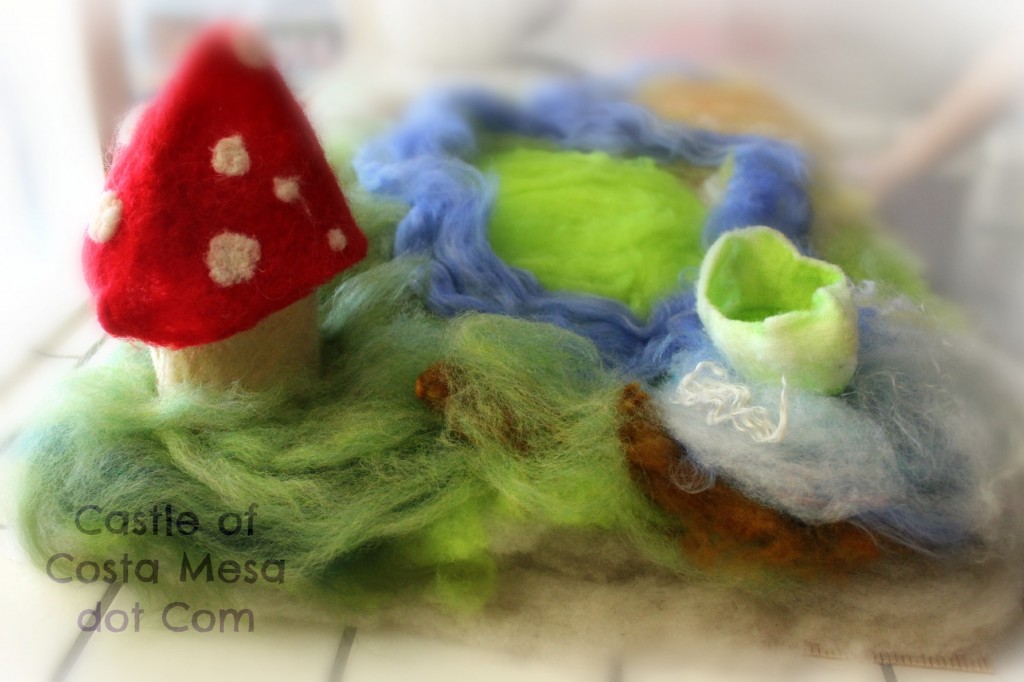 130328 Felt playscape with Toadstool house, river and little white boat with green interior