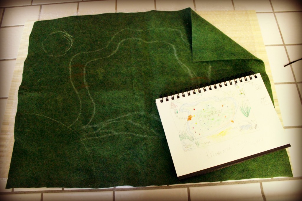 130328 green rayon snd wool blend felt and sketch book for wet-felting playscape