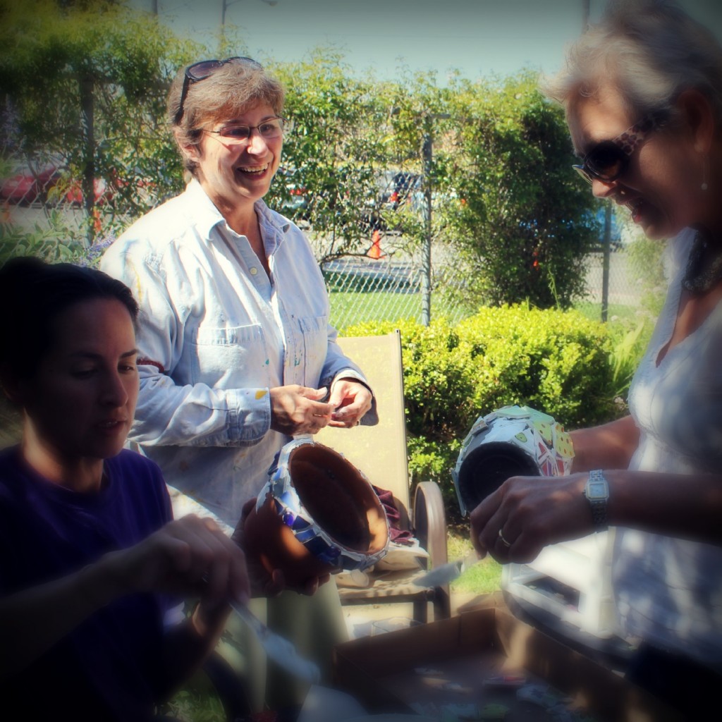 130410 Rachel, Rachel and Rebecca making mosaic flower pots