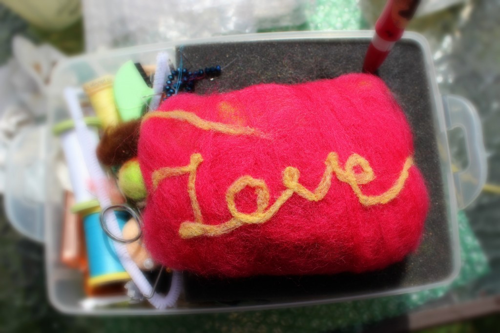 130501 Jzin's needle-felted word on wet-felted red soap of love