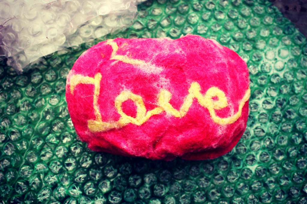 130501 Jzin's wet-felt soap with needle-felted pencil roving word