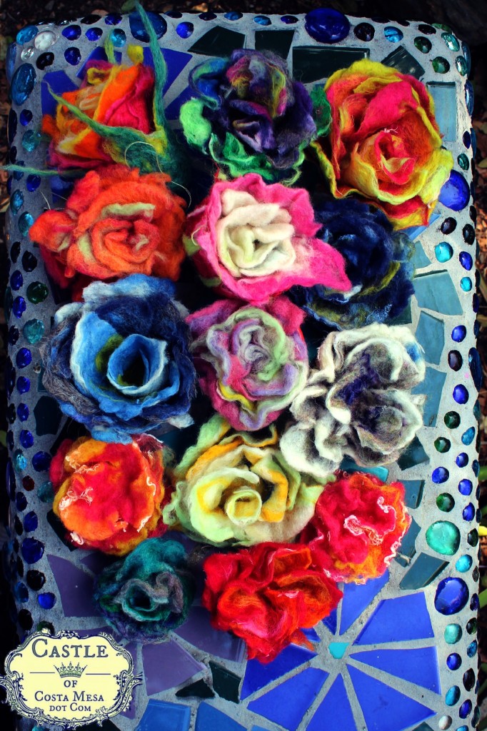 130529 14 wet-felted flowers on Rachel Skelly's mosaic bench with logo