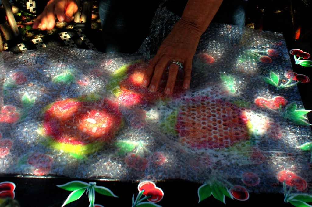 130529 Linda wet-felting 3 layers of flower petals under soapy bubble wrap