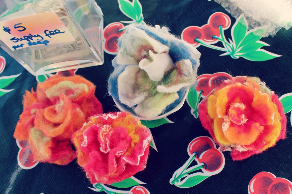 130529 Wet-felted flower examples handmade by Christine Newell for craft group