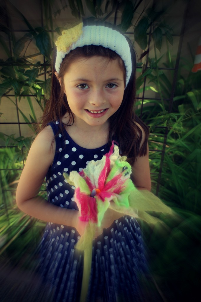 130605 Solana with her handmade long stemmed wet-felted flower