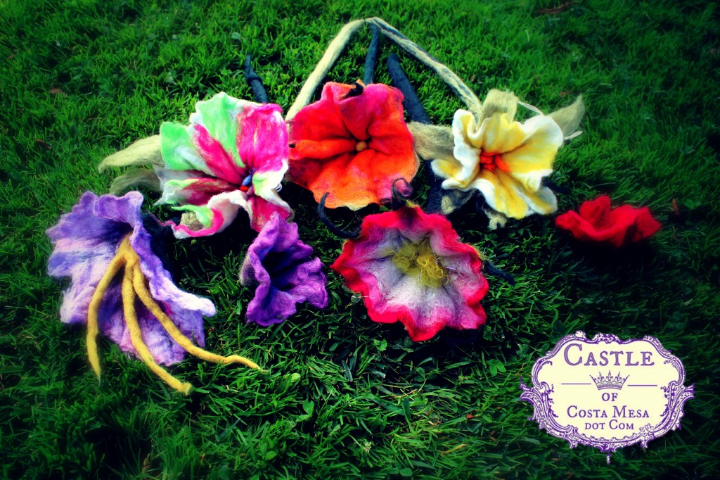 130605 wet-felted long-stemmed flowers handmade this morning