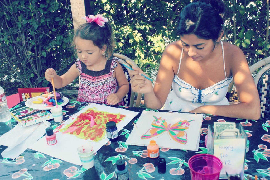 130910 Yvonne and Valentina painting butterflies on silk.