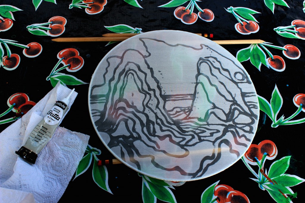 130910 drawing landscape on silk using clear Gutta resist.