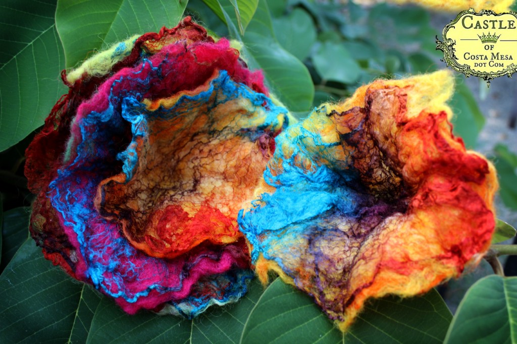 130918 Jzin's first wet-felted flowers using mawata silk hankies.