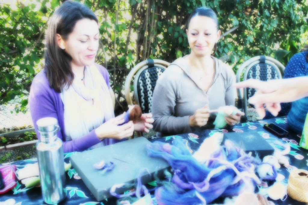 130924 Heather and Yasmine making pulled wool magic fairy angel dolls at craft group 2