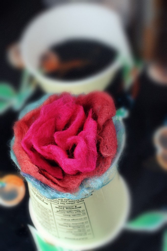 131007 Julia's wet felted rose drying in a cut-up paper coffee cup