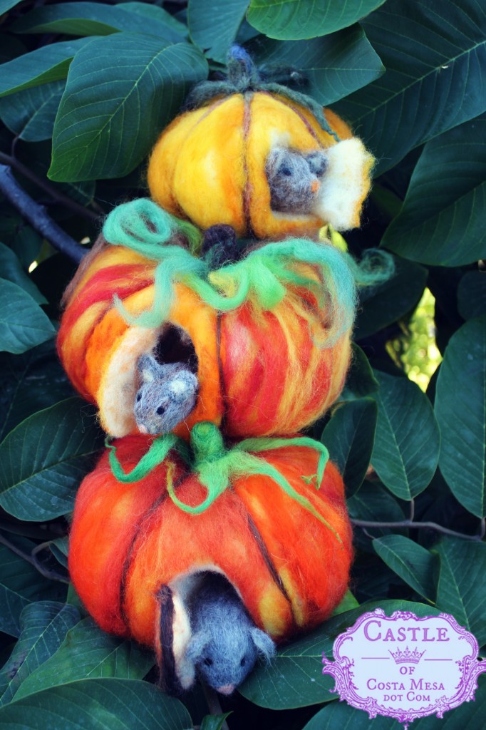 131015 Christine, Linda and Cathy's stack of needle-felted mice in pumpkins. with logo