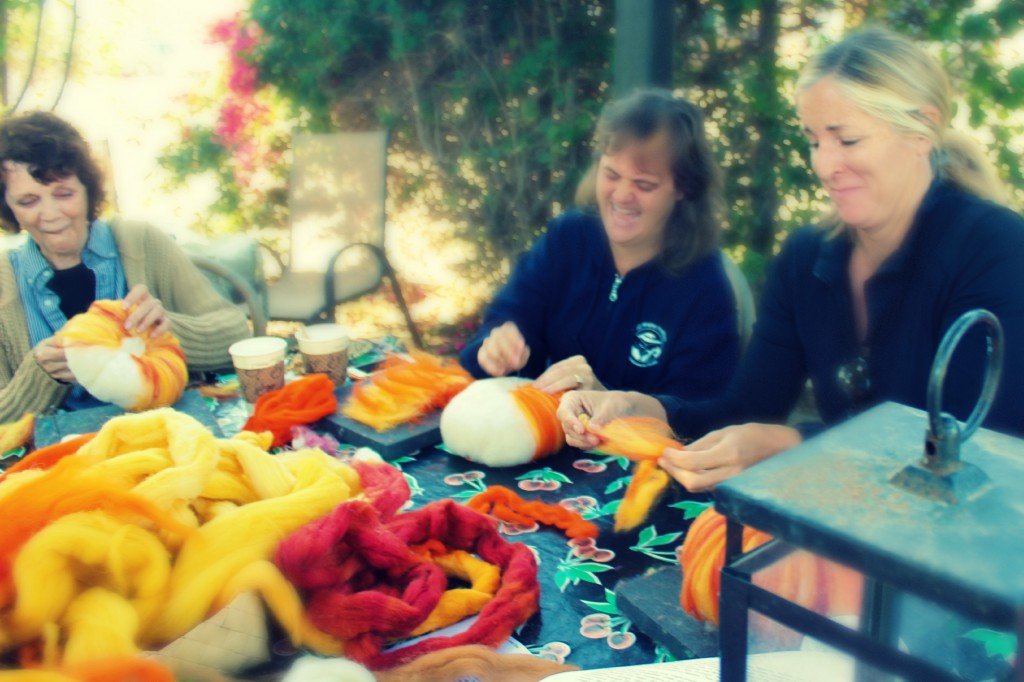 131015 Laughing Sharon, Liz and Cathy trio at craft group needle-felting table