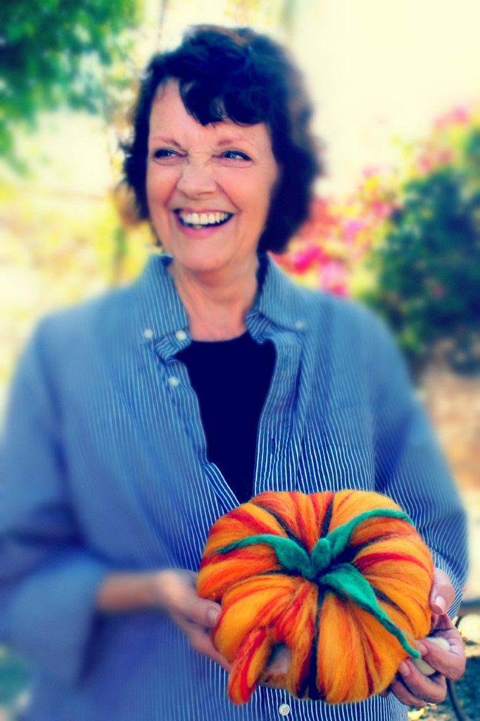 131015 Sharon with her handmade felt pumpkin from this morning