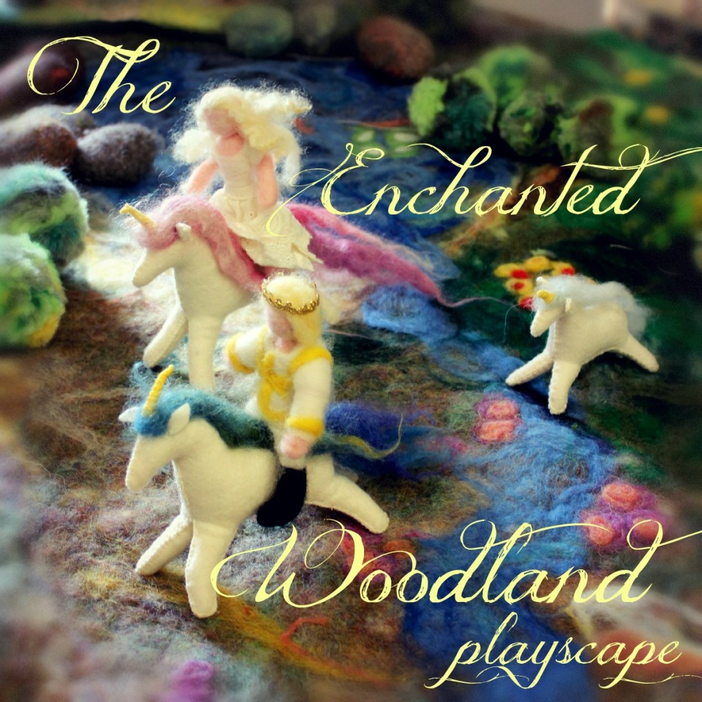 131021 The Enchanted Woodland Wet-felted Playscape. Square. Prince, princess and unicorns galloping across the woodland