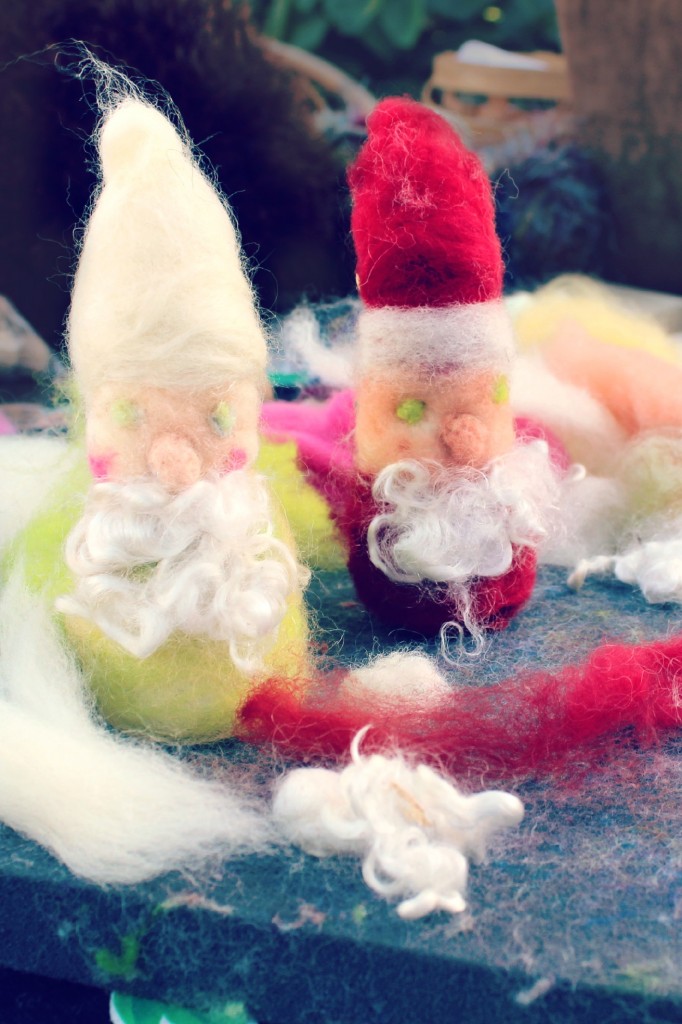 131029 Anicka's needle-felted gnome and Santa Claus on foam pad