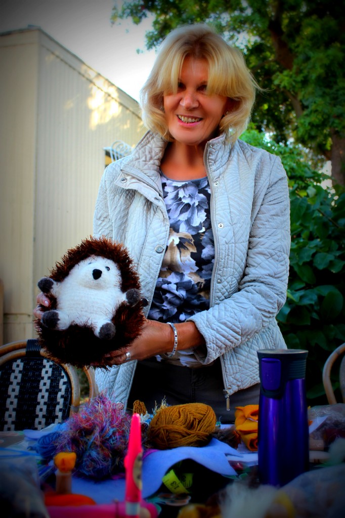 131029 Christine and her knitted and felted handmade hedgehog plush toy