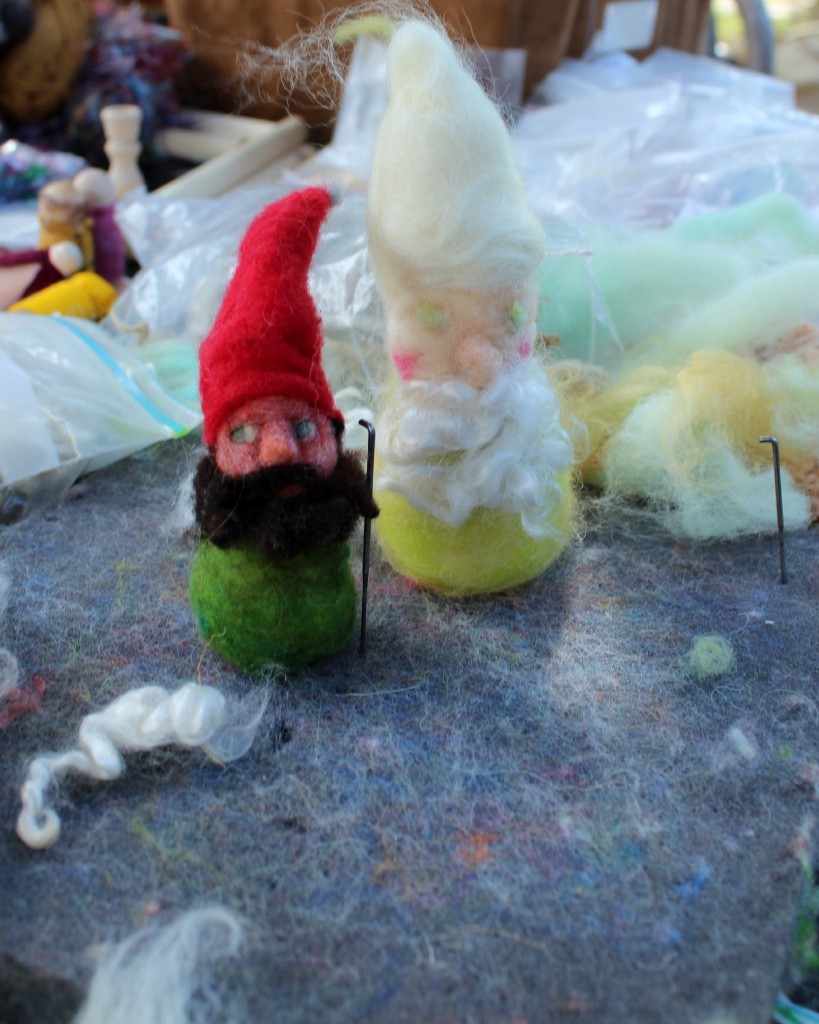 131029 Jzin's needle-felted rubicund dwarf next to Anicka's Spring gnome freshly handmade