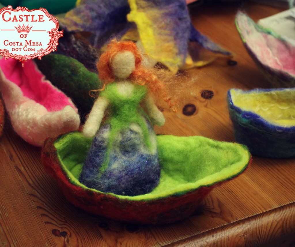 131030 Auburn flower fairy in lime green and brown wet-felted boat