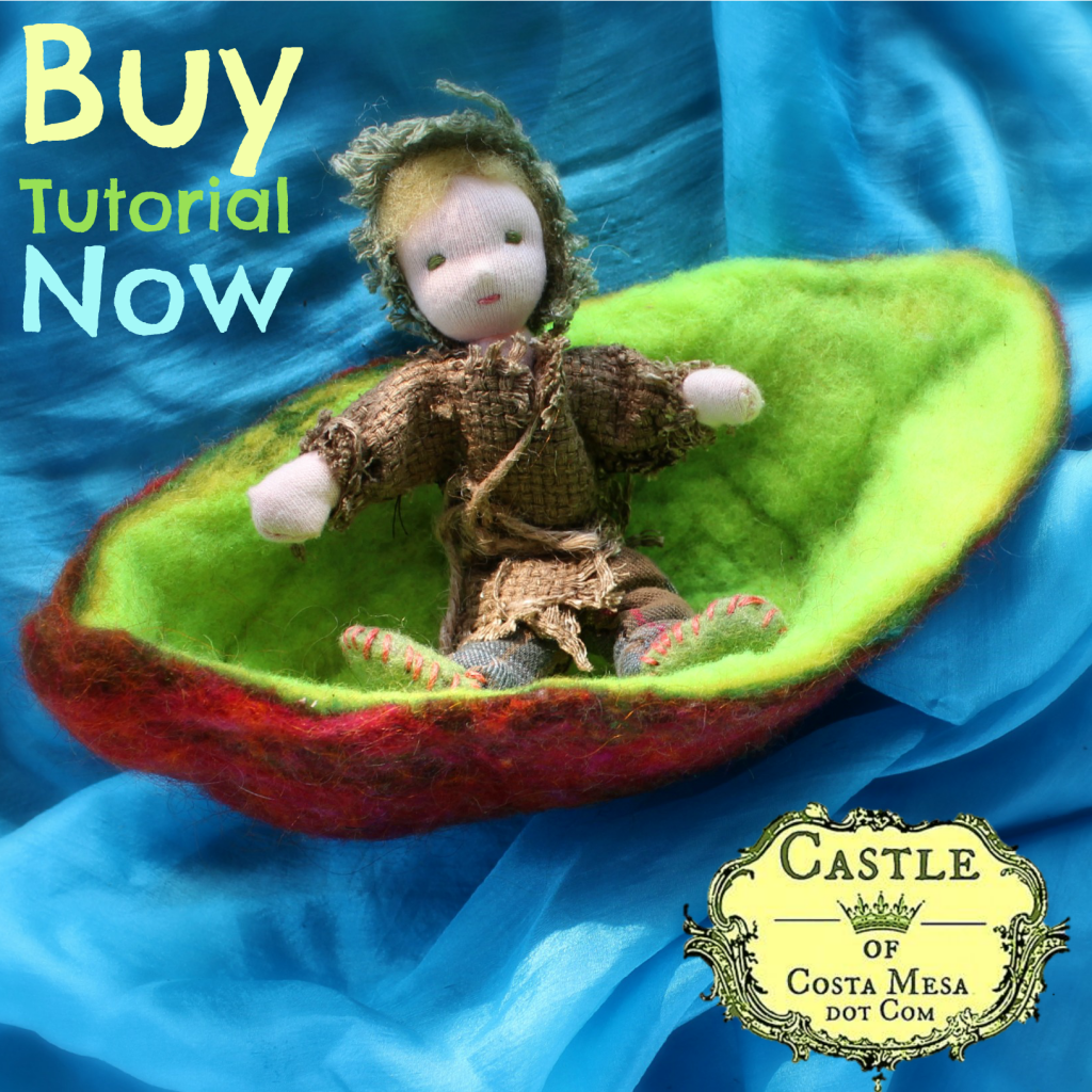 131030 Buy Tutorial Now. square. Russell the Root child adrift on a small brown boat with a lime green interior. no logo